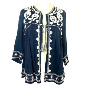 LUCKY BRAND EMBROIDERED SWING JACKET TIE FRONT